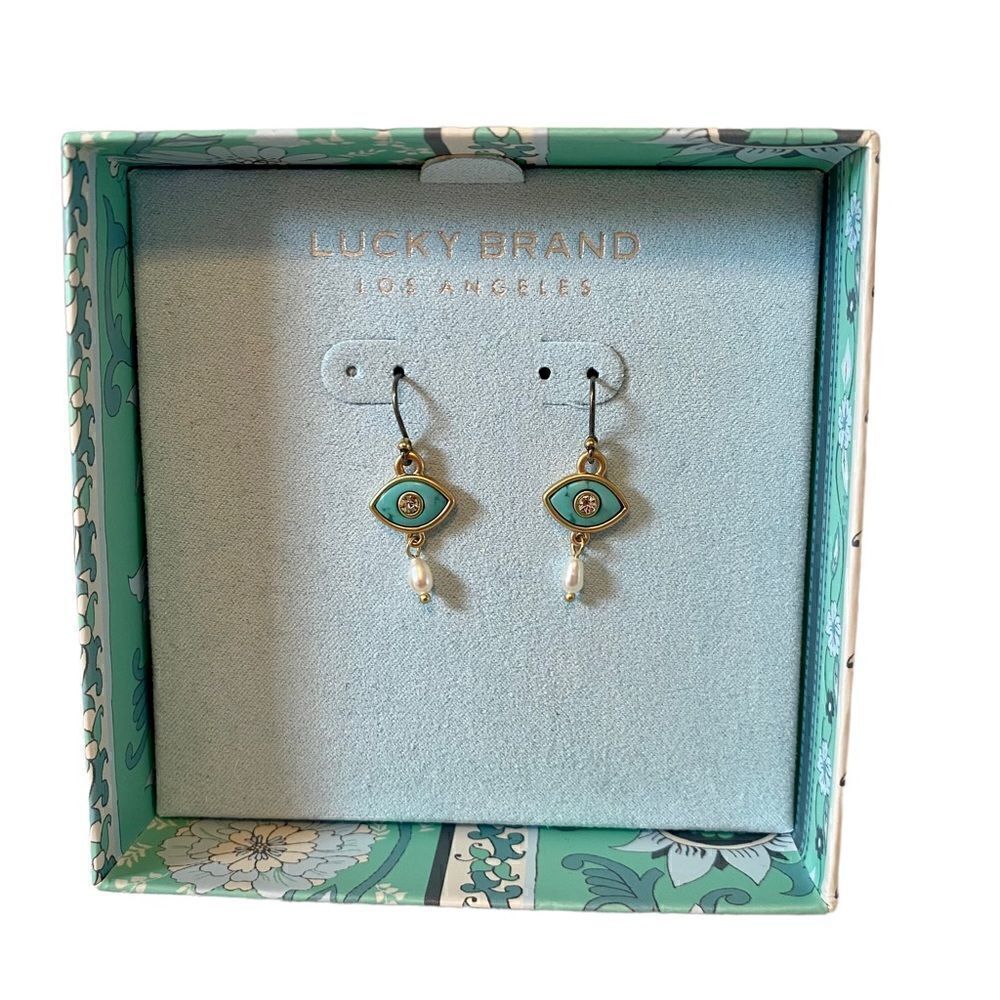 Lucky Brand Eye Earrings in cool shade of turquoise green & matte gold.